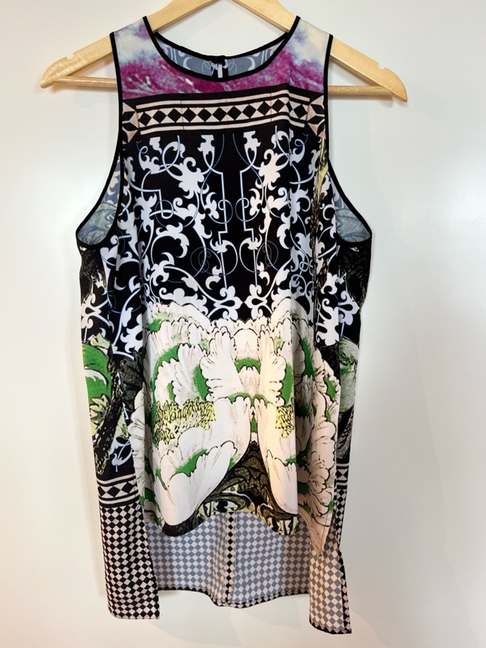 Clover Canyon Mixed Print Sleeveless Blouse | Floral Baroque Statement Top L